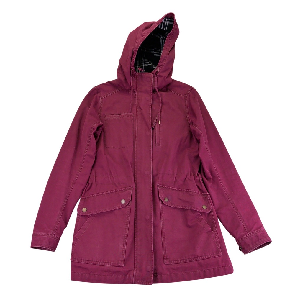 Duluth Trading Can Do Canvas Coat Women Jacket Burgundy Plaid Lined Hooded Small